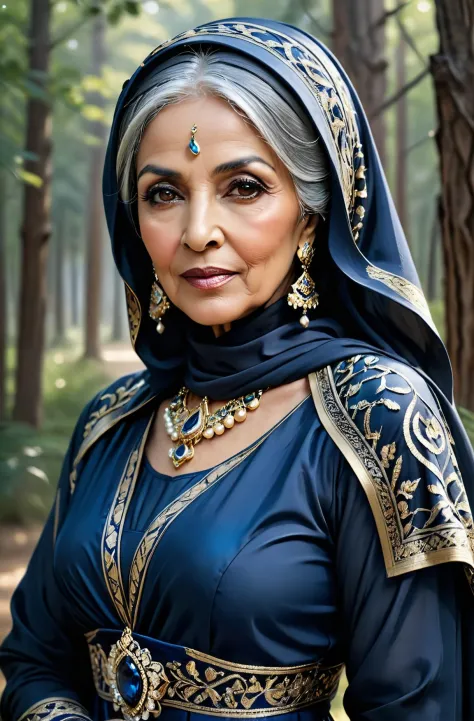 hyper-realistic, portrait, 70-year-old Arabic woman in hejab and a stunning dark blue dress adorned with intricate jewelry, gray...
