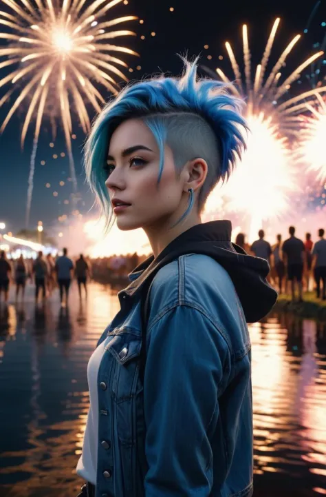 masterpiece of photorealism, photorealistic highly detailed 8k photography, best hyperrealistic quality, volumetric lighting and shadows, mohawk blue hair young woman in casual clothes, Festival Fireworks Reflected in Water full of busy people, Steadicam Tracking Shot