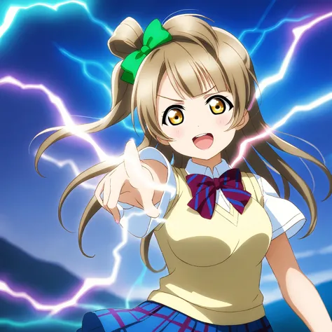 1fille, regarder le spectateur, upper boDy casser
(kotori-llas:1.3) casser
big pupils, gros seins, (:D), v-shapeD eyebrows casser
(s-oto:1.2), gilet pull jaune, short sleeves casser
reD bowtie, stripeD bowtie casser
blue miniskirt, pleateD skirt, (plaiD skirt) casser
(pointing électricité, électricité, foudre, aura bleue, éclairage volumétrique, Dark sky:1.6), (flou de mouvement:1.2), spirale, pointing at viewer casser
(chef-d&#39;œuvre, absurDres, très esthétique:1.2), anatomie parfaite, éclairage parfait, lumière cinématographique, particules lumineuses, (Depth of fielD, blurry backgrounD:1.8)