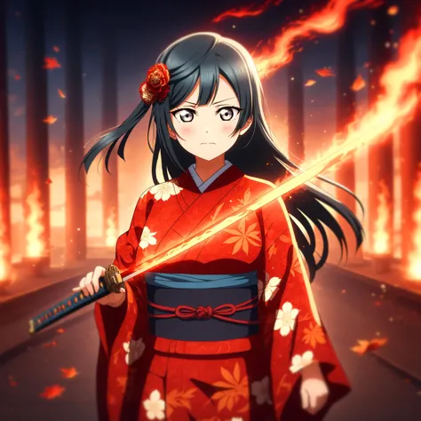 a woman in a kimono outfit holding a sword in front of a fire