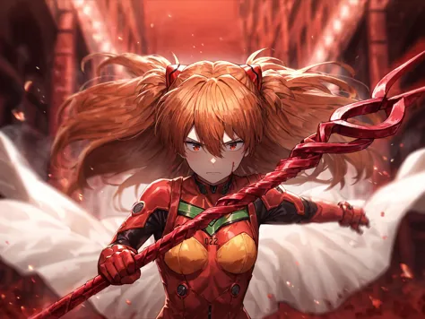 Souryuu Asuka Langley,1 chica,solo,(lanza de longino),balancea tu arma,efectos de armas,primer plano del arma,mano abierta,Hilado,dinámica,Tensión,mono rojo,indiferente,boca cerrada,Al aire libre,(fondo rojo),Desenfoca el fondo,negro azabache,flores rojas parpadeantes,lucha_postura,La sangre está volando,vaquero_disparo,