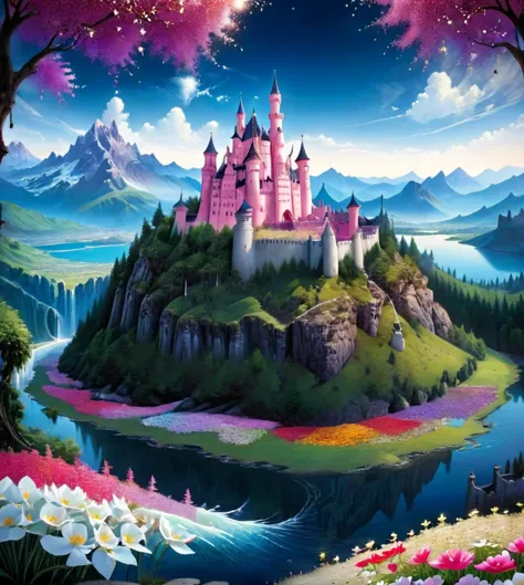 a painting of a castle on a hill with flowers and trees