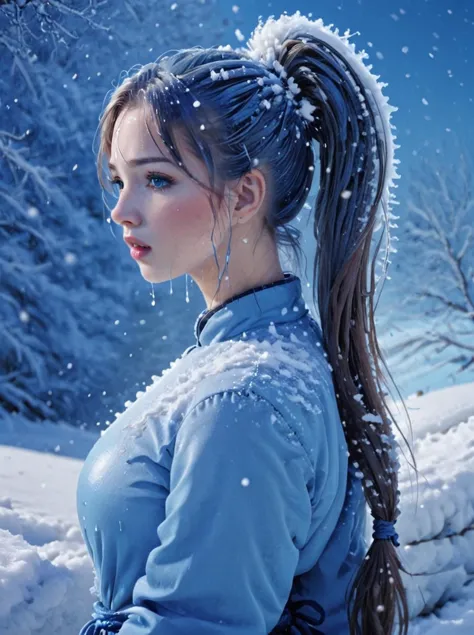 a woman with a ponytail in the snow wearing a blue shirt