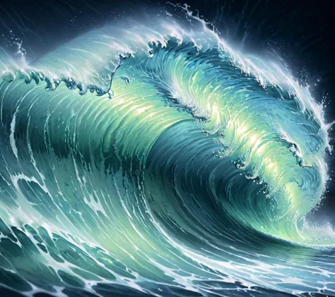 painting of a large wave breaking in the ocean with a black background