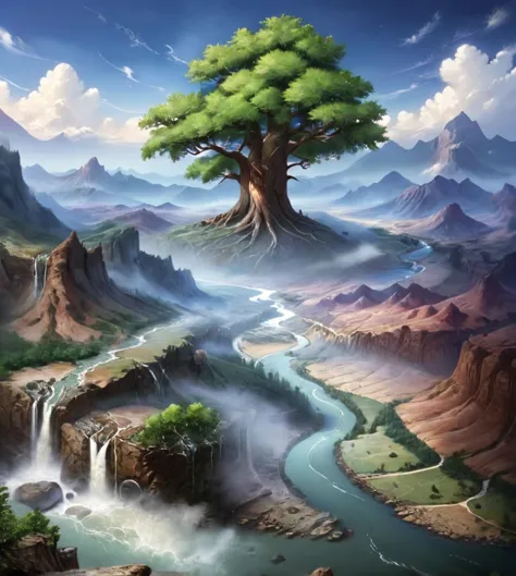 a painting of a tree in the middle of a mountain with a river running through it