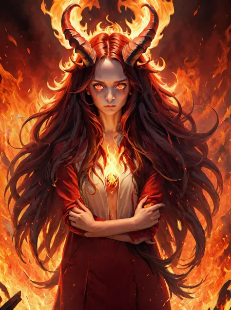 a woman with horns and a red dress standing in front of a fire