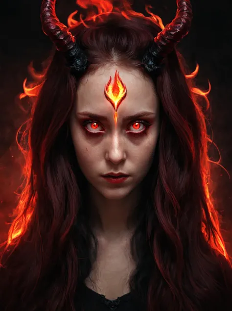 a woman with horns and red eyes in a dark background