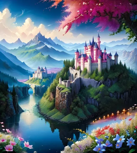 a painting of a castle on a mountain with flowers and trees