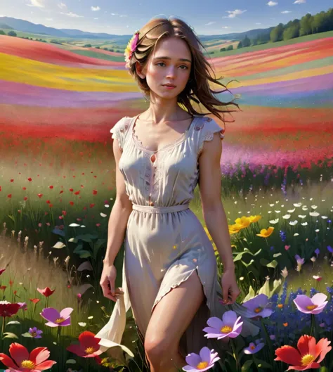 painting of a woman walking through a field of flowers