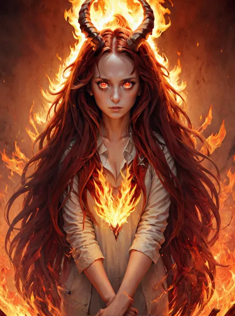 a woman with horns and a demon face in flames