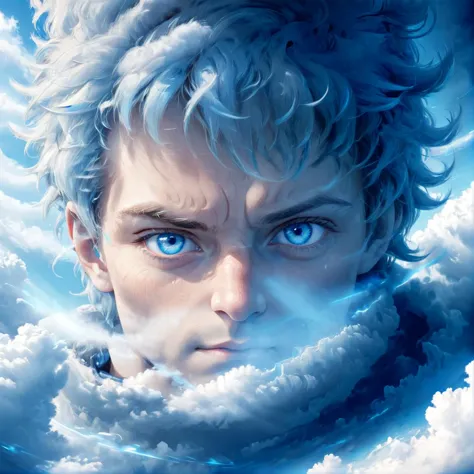 a close up of a person with blue eyes and a cloud