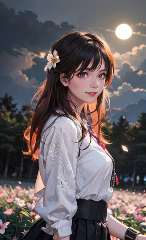 masterpiece, best quality, 1girl, (colorful),(finely detailed beautiful eyes and detailed face),cinematic lighting,bust shot,extremely detailed CG unity 8k wallpaper,white hair,solo,smile,intricate skirt,((flying petal)),(Flowery meadow) sky, cloudy_sky, building, moonlight, moon, night, dark theme, light, fantasy,<lora:Google:0.45>