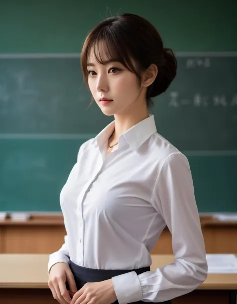 (high resolution detail of human skin texture:1.1),japanese beauty,large breasts,(female teacher:1.2),white shirt,simple necklac...