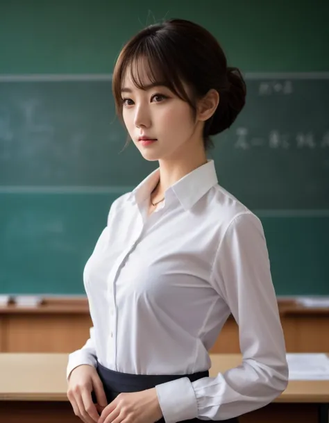 (détail haute résolution de la texture de la peau humaine:1.1),Beauté japonaise,gros seins,(enseignante:1.2),chemise blanche,Collier Simple,Salle de classe,contre le fait de rester près du tableau, casser,par le bas,regarder en bas,main sur la hanche,arrière-plan flou, sérieux