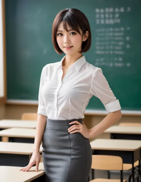 japanese beauty,teacher,necaklace,classroom,against standing by chalkboard, BREAK,from below,looking down,hand on hip,blurry bac...