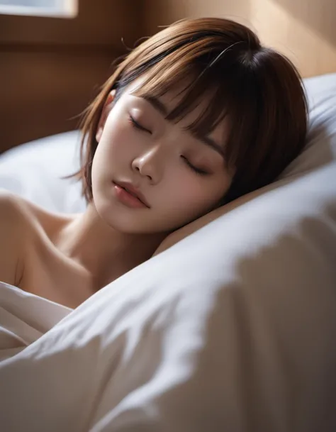 (photo:2.0),realistic skin detail,japanese beauty,1girl,realistic, lying, on side, closed eyes, short hair,see-through, sleeping...