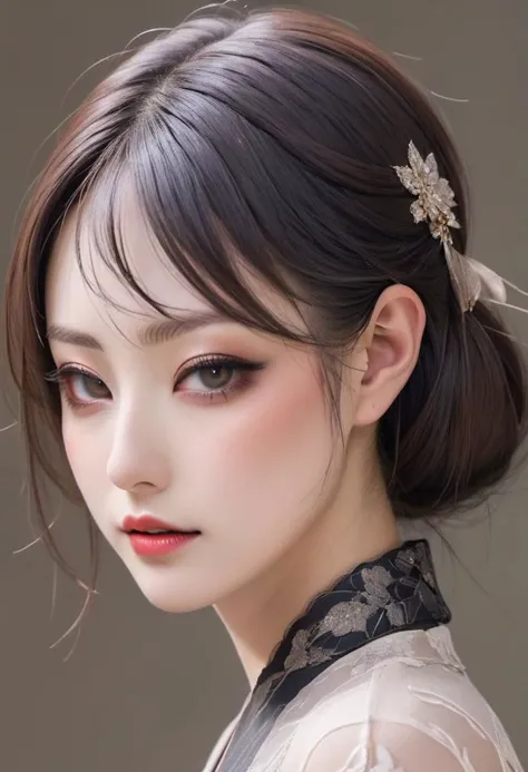 1fille, Japonais,   Visage détaillé,  Beau, fard à paupières fumé