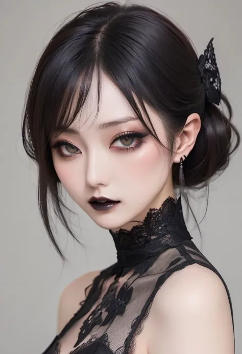 1 Mädchen, japanisch,   Detailliertes Gesicht,  Schön, Rauchiger Lidschatten  , gotisch , schwarzes Spitzenkleid