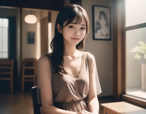 1japanese_woman,(25yo), solo, cute, (brown eyes ,catch light:1.5), natural skin, (brown hair), indoor ,(shy smile), sit chair,(t...