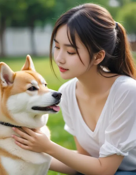 Attractive girl playing with a young Shiba Inu,ziprealism