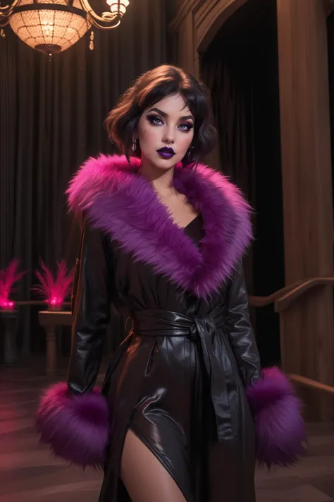 adult mature woman, age 30, high quality, eyeliner, eyeshadow, makeup, purple lips  best quality, highres, high detail, atmospheric lighting,afterglow, rim lighting, shadows, volumetric lighting, textured skin <lora:Outfit_hud-HotPinkFurLatexCoat:0.7> DKCo4t1, purple fur, (indoors, grand hall, Great Hall backdrop)