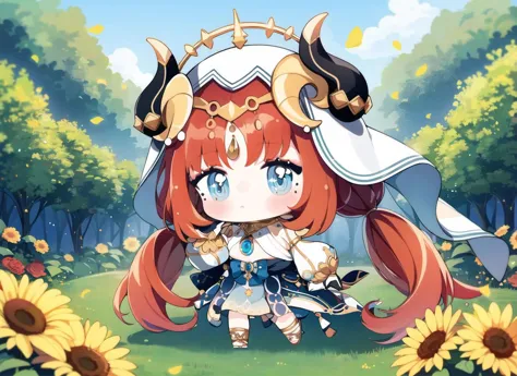 1girl, (chibi:1.2)
beautiful, elegant,
<lora:nilouGenshinImpact_v10:1.1:MIDD> nilou (neither flower nor mist) (genshin impact), aqua eyes, fake horns, red hair, long hair, crop top, jewelry, horns, veil, bracer, brooch, long sleeves, puffy long sleeves, skirt, bangs, twintails, puffy sleeves, neck ring, gold trim, parted bangs, circlet, blue skirt, hair ornament, detached sleeves, low twintails, floating hair, gem, blue gemstone, dancer, white headwear, midriff, very long hair,
around the garden, flowers, butterflies, sunlight, sunflowers, lilies, roses, nature, petals, lens flare,
<lora:mei-000011:1:OUT8>