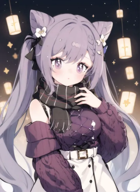 1girl,looking at viewer, 
<lora:keqingGenshinImpact3in1_v10:1>keqing (lantern rite) (genshin impact), keqing (genshin impact),
hair bun, skirt, scarf, purple sweater, white skirt, purple hair, sweater, twintails, purple eyes, diamond-shaped pupils, hair ornament, bare shoulders,
breasts, cone hair bun, long hair, belt, double bun, long sleeves, bangs, bow, hair flower, hair bow,ribbon, hair ribbon, braid, plaid scarf, plaid, off shoulder
<lora:mei-000011:1>