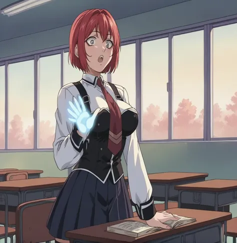 anime girl in school uniform standing in front of desks with a light shining on her hand