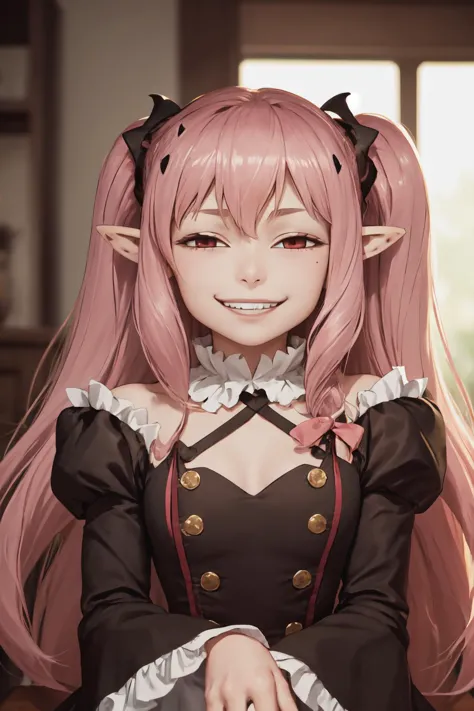 Highly detailed, High Quality, Masterpiece, beautiful, KrulTepes, two side up, hair ornament, pointy ears, black dress, frills, ribbon, <lora:Char_OwarinoSeraph_KrulTepes:1>, IncrsAnyasHehFaceMeme, grin, smug, <lora:Pos_AnyasHehFaceMeme:1>