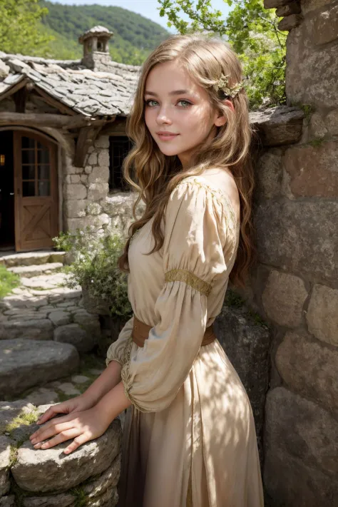 A Photograph of a peasant girl, s1enna with brunette hair, set in a lush medieval village. She stands by an old stone well, her ...