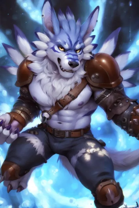 (by null-ghost, by clockhands, by honovy, by personalami), male, digimon, solo, wolf, weregarurumon, muscular, stripes, wearing ...