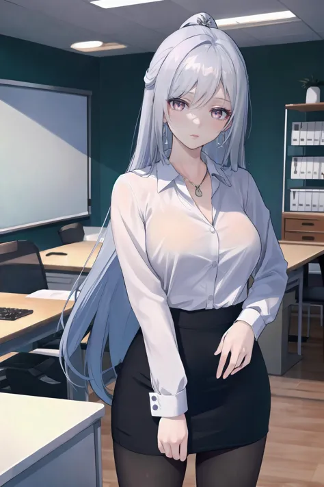 1girl, jingliu \(honkai: star rail\), silver hair, expressionless, office lady, collared shirt, pencil skirt, pantyhose, office, cowboy shot, indoors , depth of field