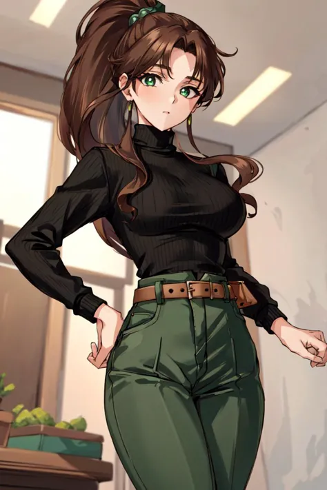 a cartoon picture of a woman in a black shirt and green pants