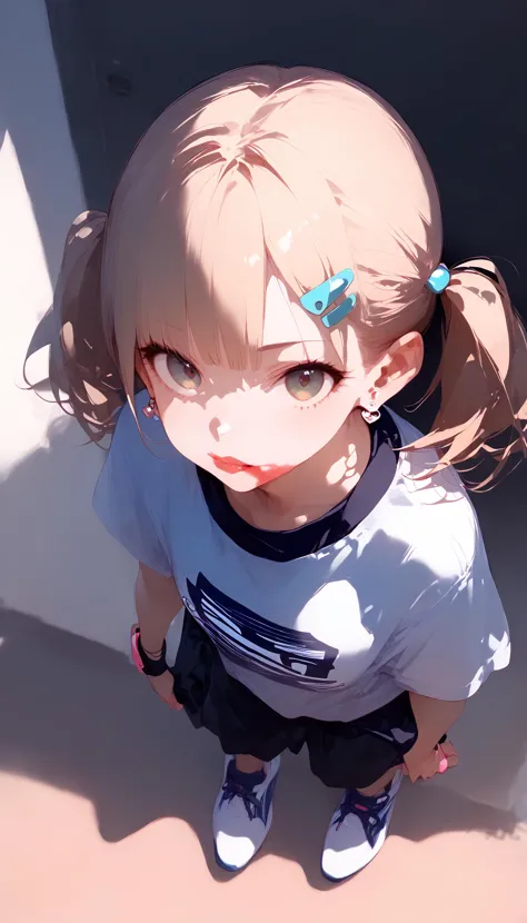 anime girl with ponytail and blue eyes standing in front of a wall