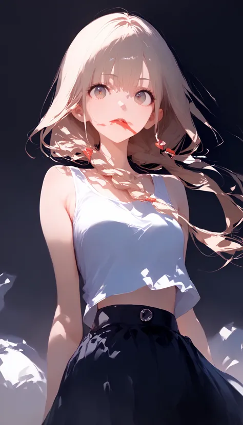 anime girl with long hair and white top standing in front of a pile of trash