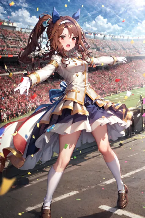 masterpiece, best quality,
king halo \(umamusume\),
blue sky, sunlight, stadium,
confetti, looking at viewer, open mouth,
full body, standing, outstretched arms, white dress, layered dress, blue skirt,
ear covers, official alternate costume, side ponytail, hairband, long sleeves, armband, white gloves, white jacket, buttons, double-breasted, pleated skirt, black socks, brown footwear, 
<lora:king_halo_loha:0.8>