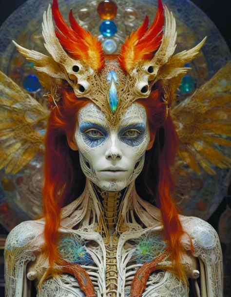 a close up of a woman with a skeleton body and headdress