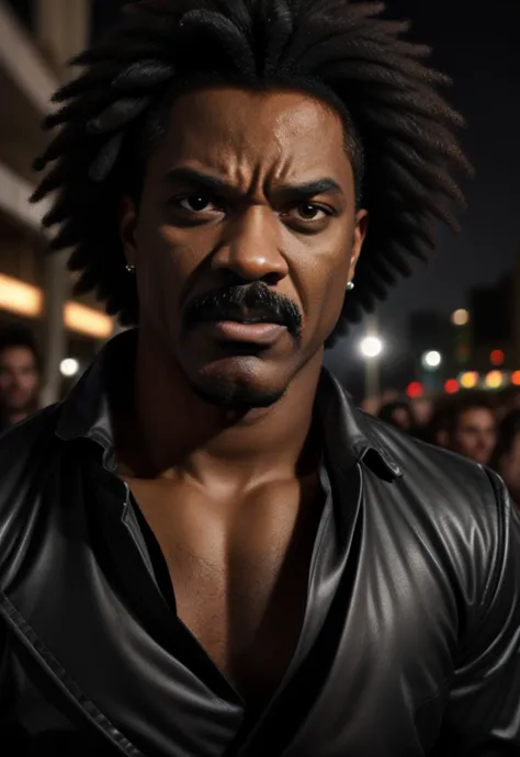 portrait of handsome afro-american man, mustache, angry, nighttime, clubbing,
<lora:chevron-mustache:.7>