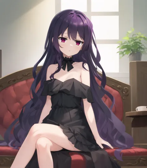 anime girl sitting on a red couch with long purple hair