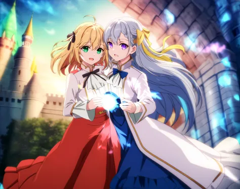 anime characters in front of a castle with a castle in the background