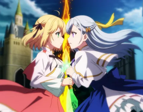 anime image of two women in front of a castle with a sword