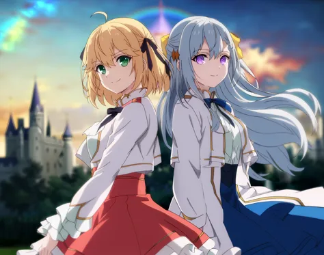 two anime girls in long dresses standing in front of a castle