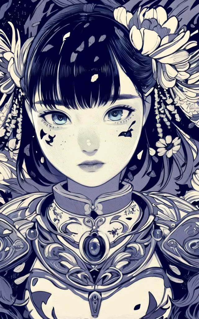 1girl, upper body, blue flowers bloomed all over, intricate patterns, jacquard fabric, extremely detailed clothing, insanely detailed, masterpiece, 8k, highest quality, trending on pixiv, 