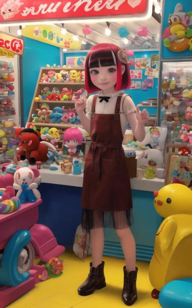 (best quality, masterpiece), full body, (1girl), smile, facing viewer,red hair, very short hair, blunt bangs, (at a cafe), (selling toys at a flea market, a small booth filled with various colorful toys, customers browsing and admiring toys) 