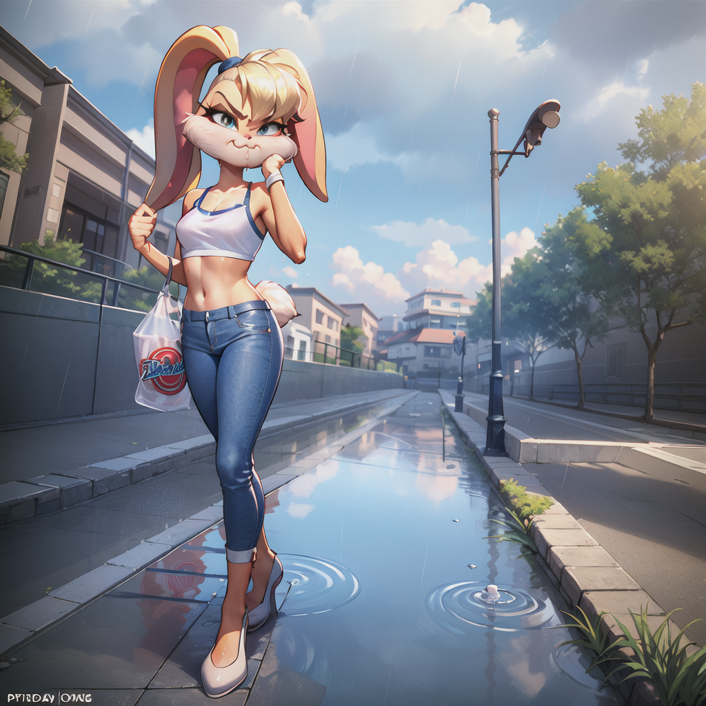 A woman in a bunny outfit walking down a street next to a puddle - SeaArt AI