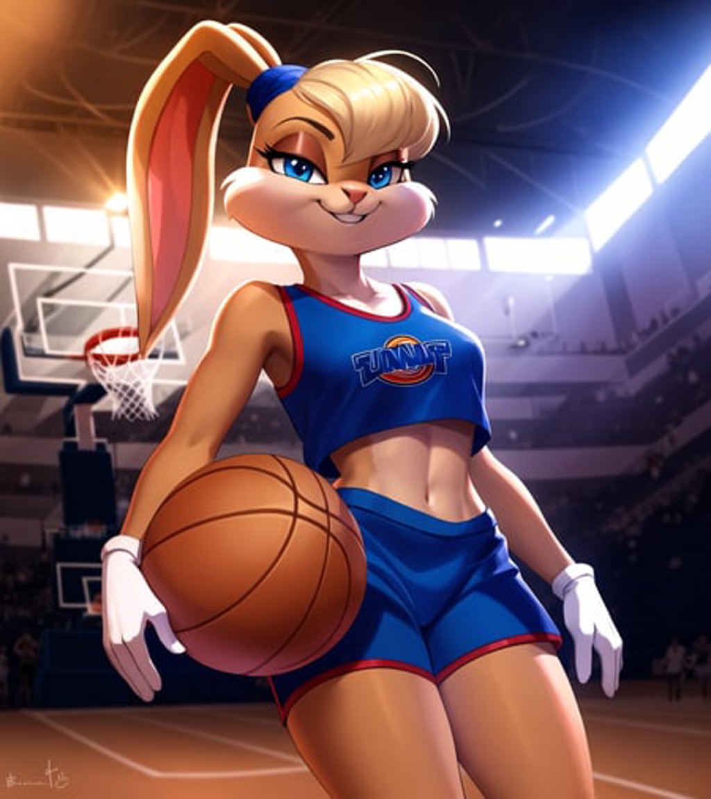 A cartoon bunny is holding a basketball ball in a basketball court - SeaArt  AI