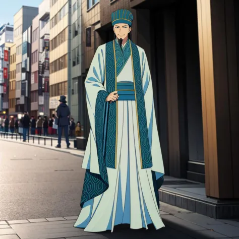 masterpiece,high quality,solo,city,
<lora:komei001:0.7>,
komei,1man,
blue headwear,
chinese clothes,
cowboy shot,
full body,