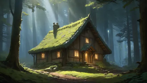 A cozy cottage nestled in an ancient forest, where sunlight filters through the canopy to illuminate a mossy clearing surrounded...