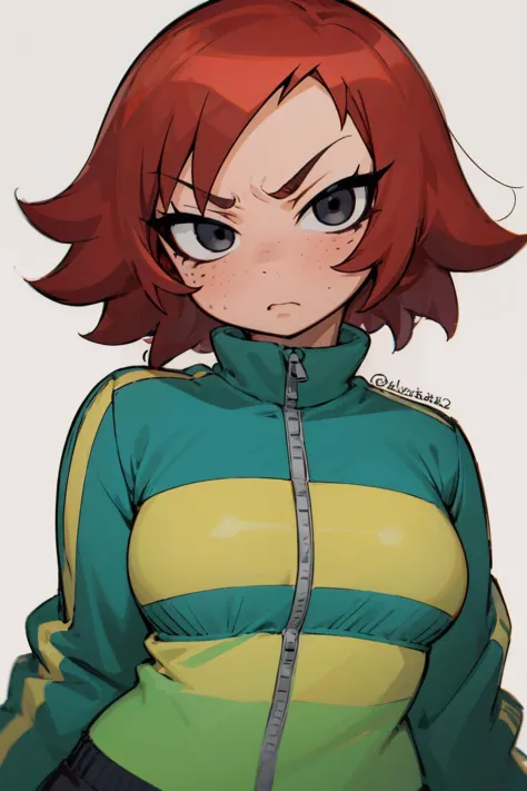 kimnew, ((flat background, white background)), looking at viewer, 1girl, solo, angry, blushing, freckles, red hair, medium breasts, ((black eyes)), short hair, curvy:1.4, ((portrait, above shoulder, head shot)), green track jacket, 