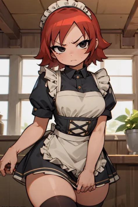 kimnew, indoors, looking at viewer, 1girl, solo, angry, blushing, wide hips, narrow waist, freckles, red hair, black eyes:1.4, short hair, curvy:1.4, BREAK maid dress, apron, thighhighs, thigh squish 